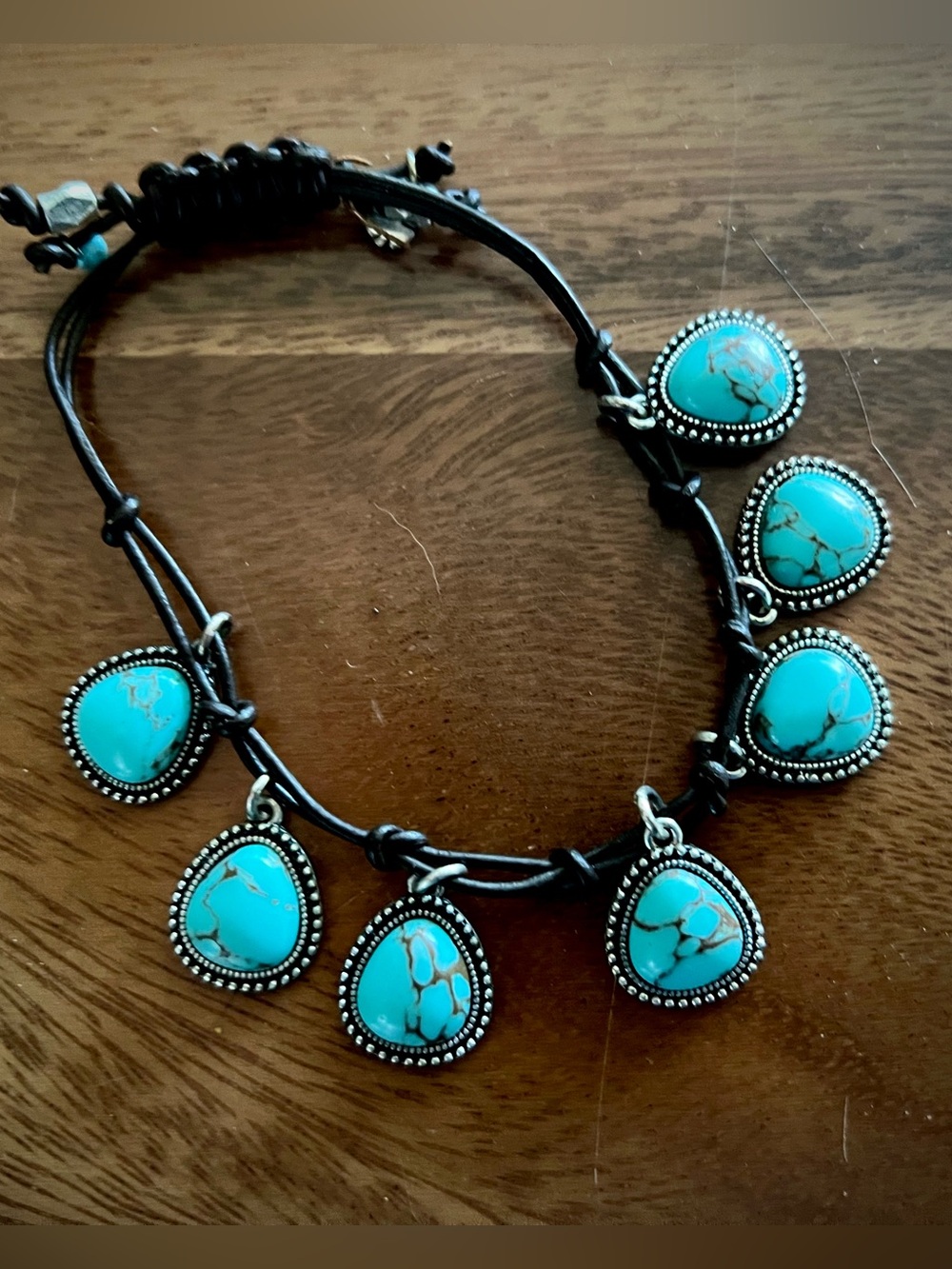 Luck Brand Turquoise Teardrop Charm-silver tone bracelet, adjustable brown strap